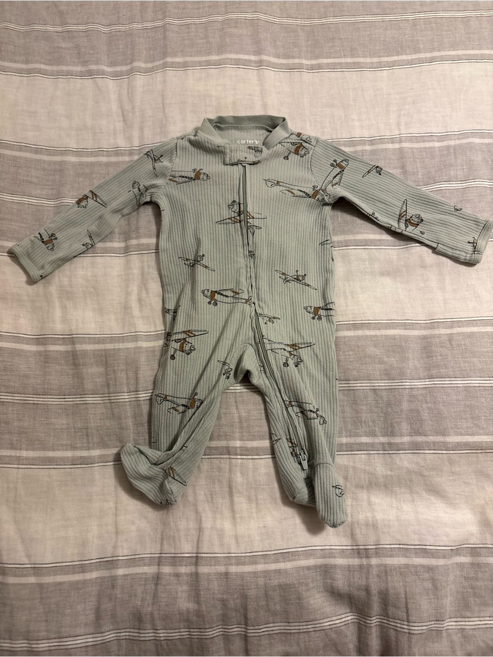 Carter's Sage Green Airplane Print One-Piece Footed Pajamas 3M